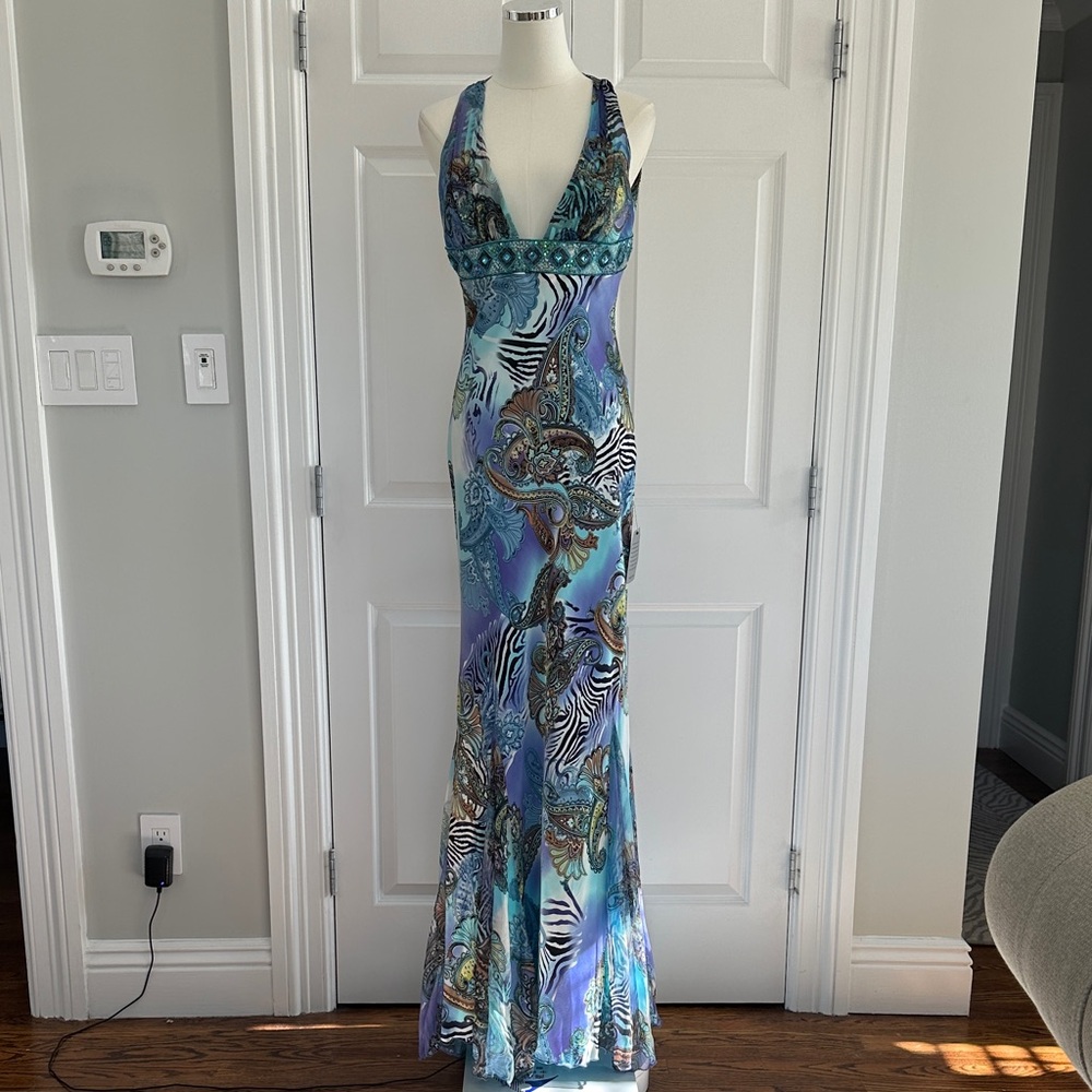 NWPT Mary L. Couture Silk Paisley Halter Wedding Guest  Cruise Prom Dress Size12